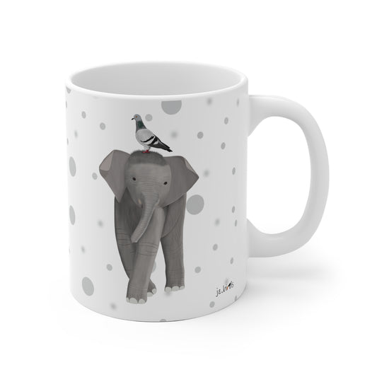 Taube auf einem Elefanten Vogel Tasse Punkte Grau