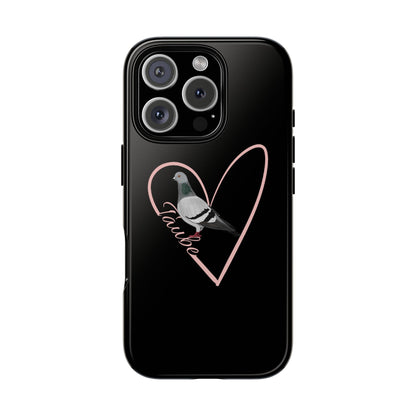 Schwarze iPhone Handyhülle mit einer Taube auf einem rosa Herz mit der Aufschrift Taube.