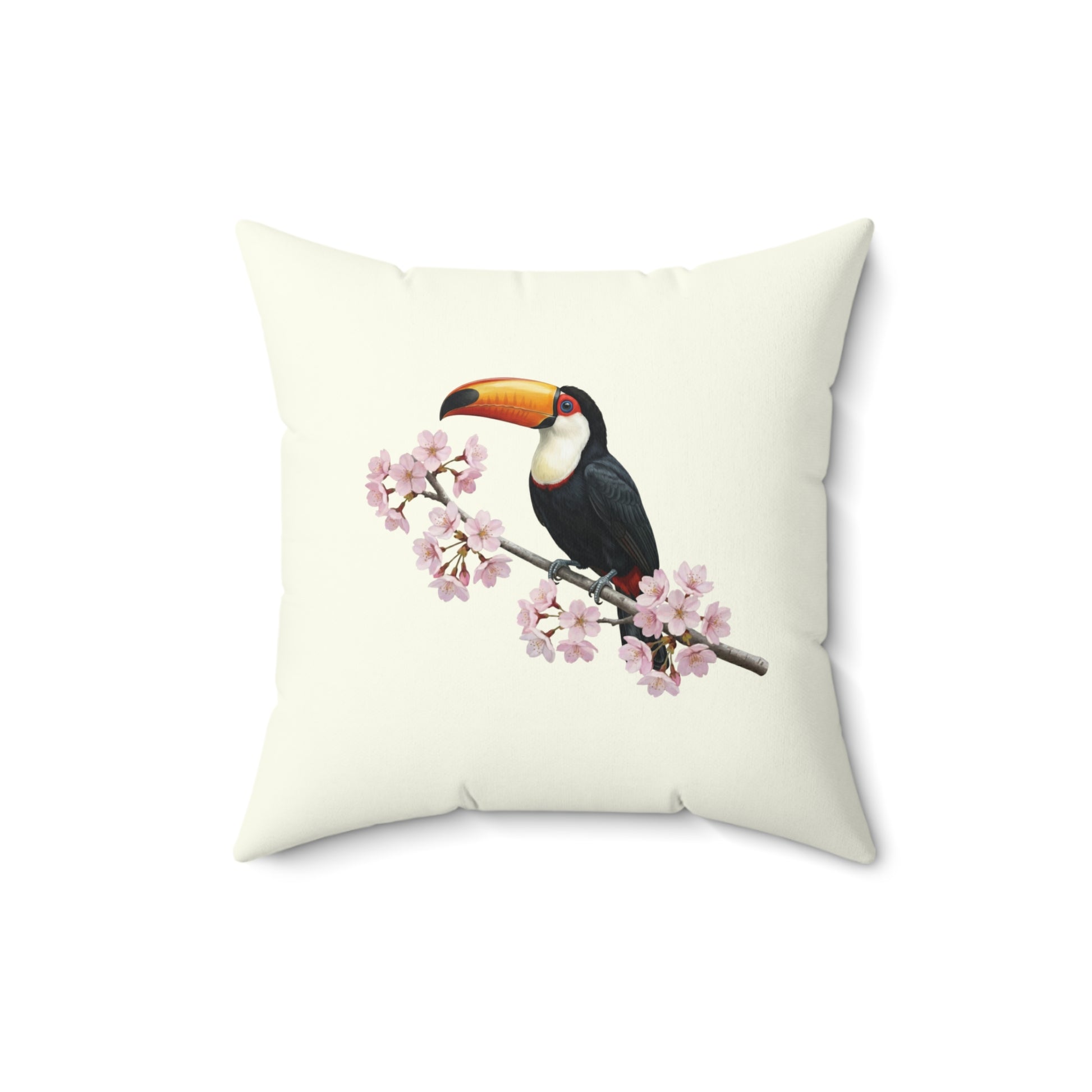 Tukan Kissen mit Kirschblüten in Cremeweiß | Dekokissen 40x40 mit Vogelmotiv