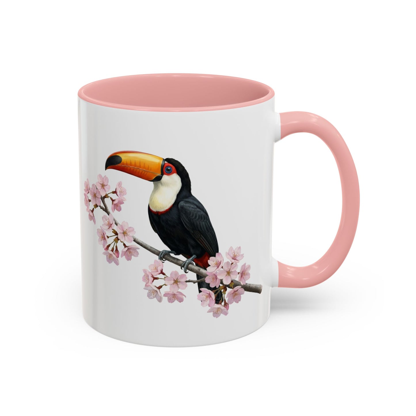 Tukan Tasse mit Kirschblüten | Rosa Keramiktasse für Vogelfreunde