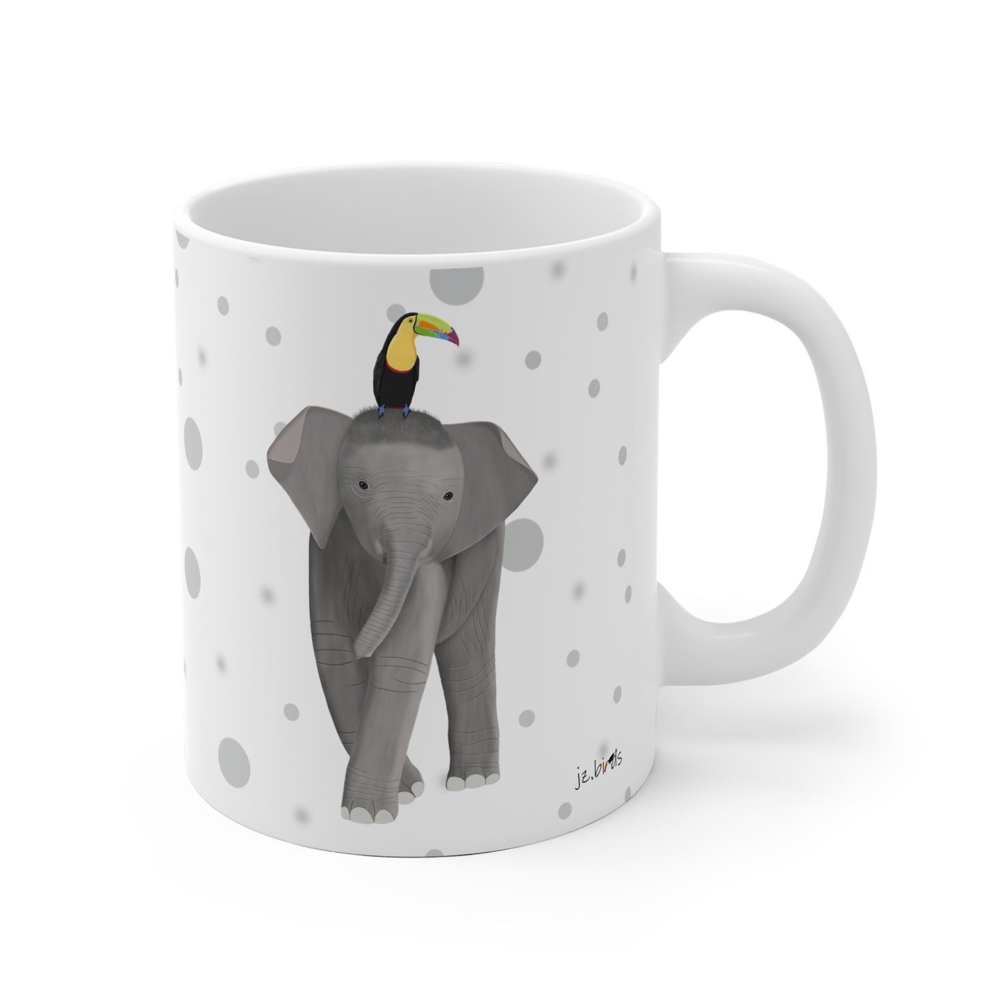 Tukan auf einem Elefanten Vogel Tasse Punkte Grau