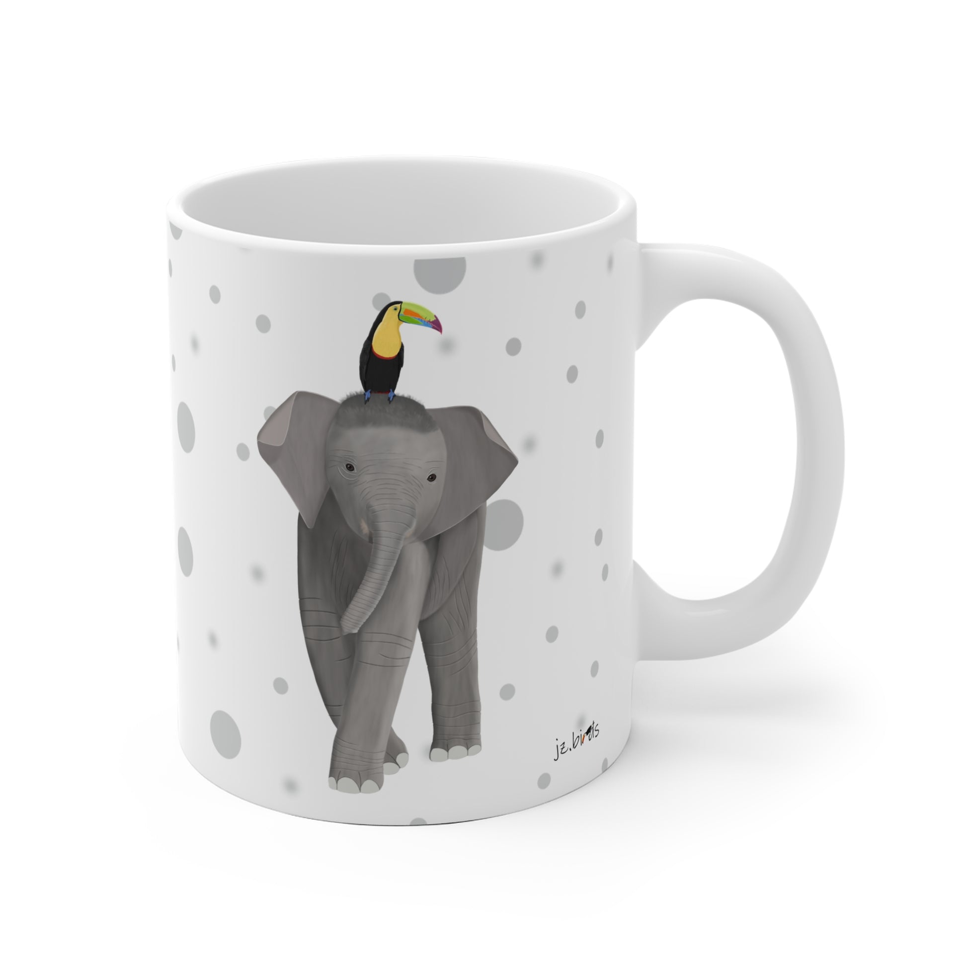 Tukan auf einem Elefanten Vogel Tasse Punkte Grau