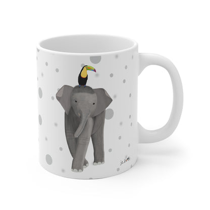 Tukan auf einem Elefanten Vogel Tasse Punkte Grau