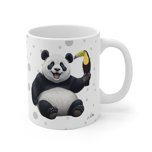 Tukan mit einem fröhlichen Panda Vogel Tiermotiv Tasse Punkte Grau