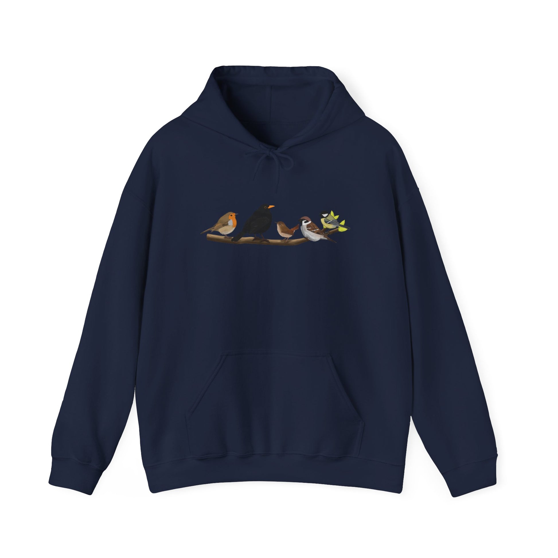 Vögel auf einem Ast Hoodie - Amsel Rotkehlchen Kohlmeise Kapuzenpullover für Vogelbeobachter & Naturliebhaber