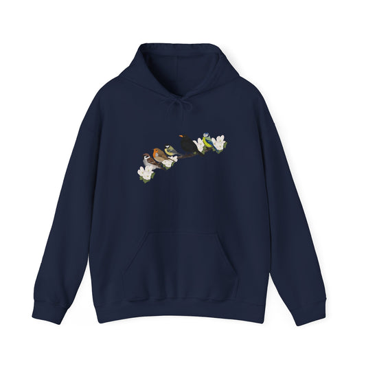 Vögel auf einem Ast Hoodie - Amsel Rotkehlchen Kohlmeise Spatz Kapuzenpullover für Vogelbeobachter & Naturliebhaber