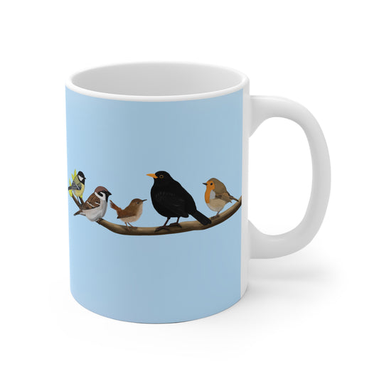Vögel auf einem Ast Tasse Amsel Rotkehlchen Blaumeise Zaunkönig Spatz Kohlmeise Blau