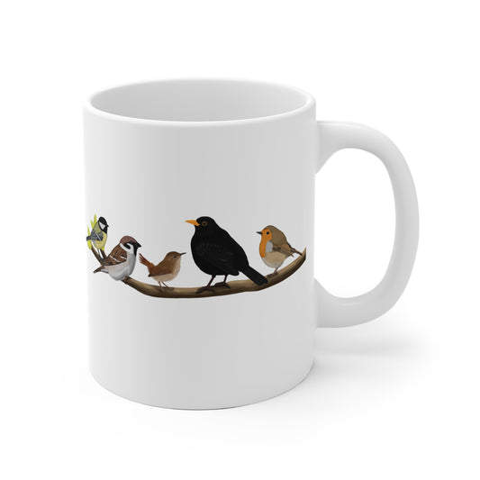 Vögel auf einem Ast Tasse Amsel Rotkehlchen Blaumeise Zaunkönig Spatz Kohlmeise Weiß
