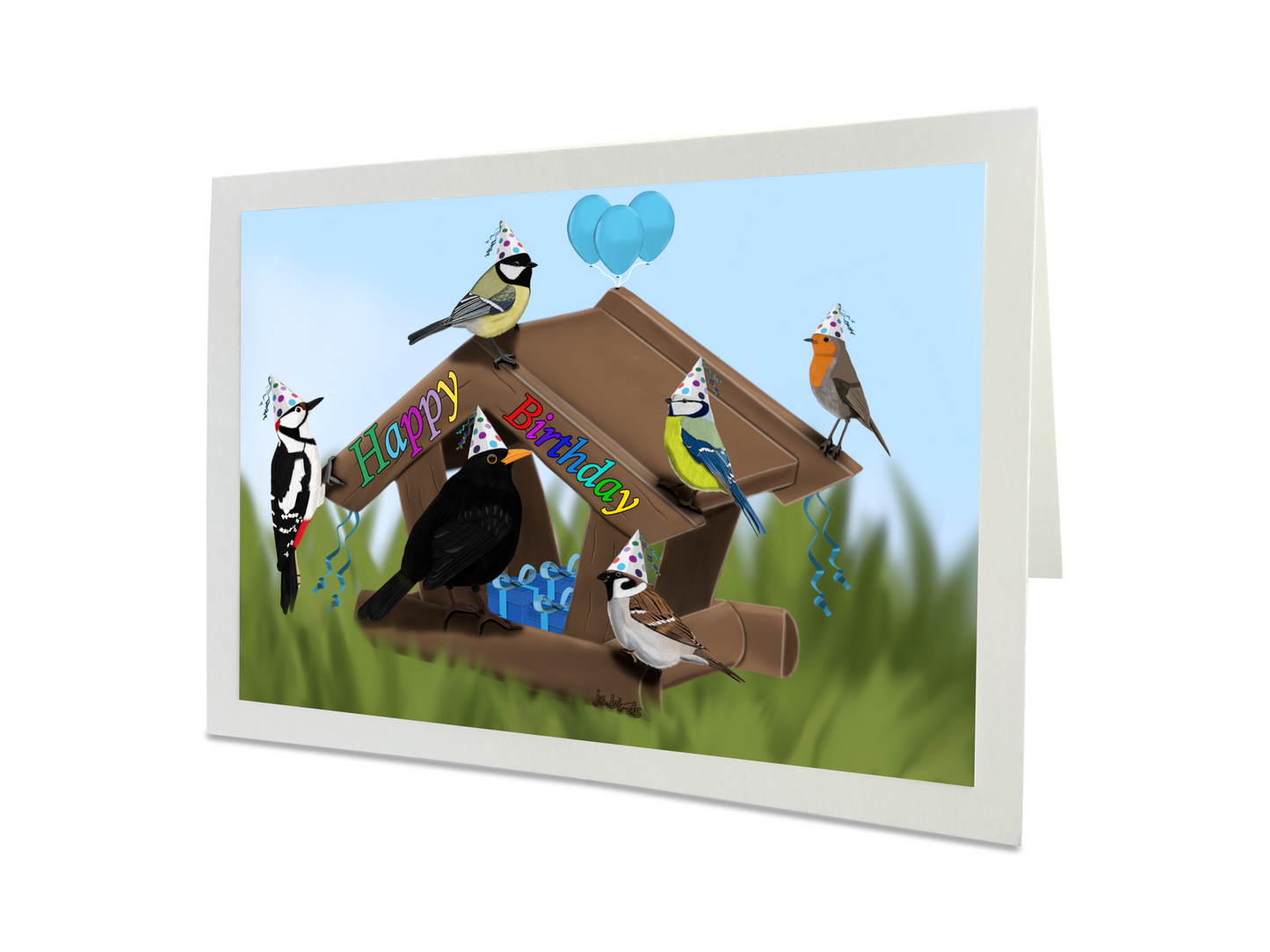 Party im Vogelfutterhaus Glückwunschkarte zum Geburtstag Vogel Zeichnung Happy Birthday