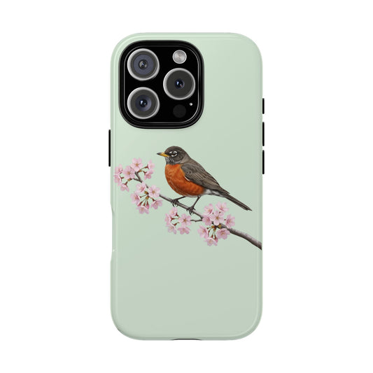Wanderdrossel Handyhülle in Salbeigrün | Florales Kirschblüten Vogel-Motiv für iPhone & Google Pixel