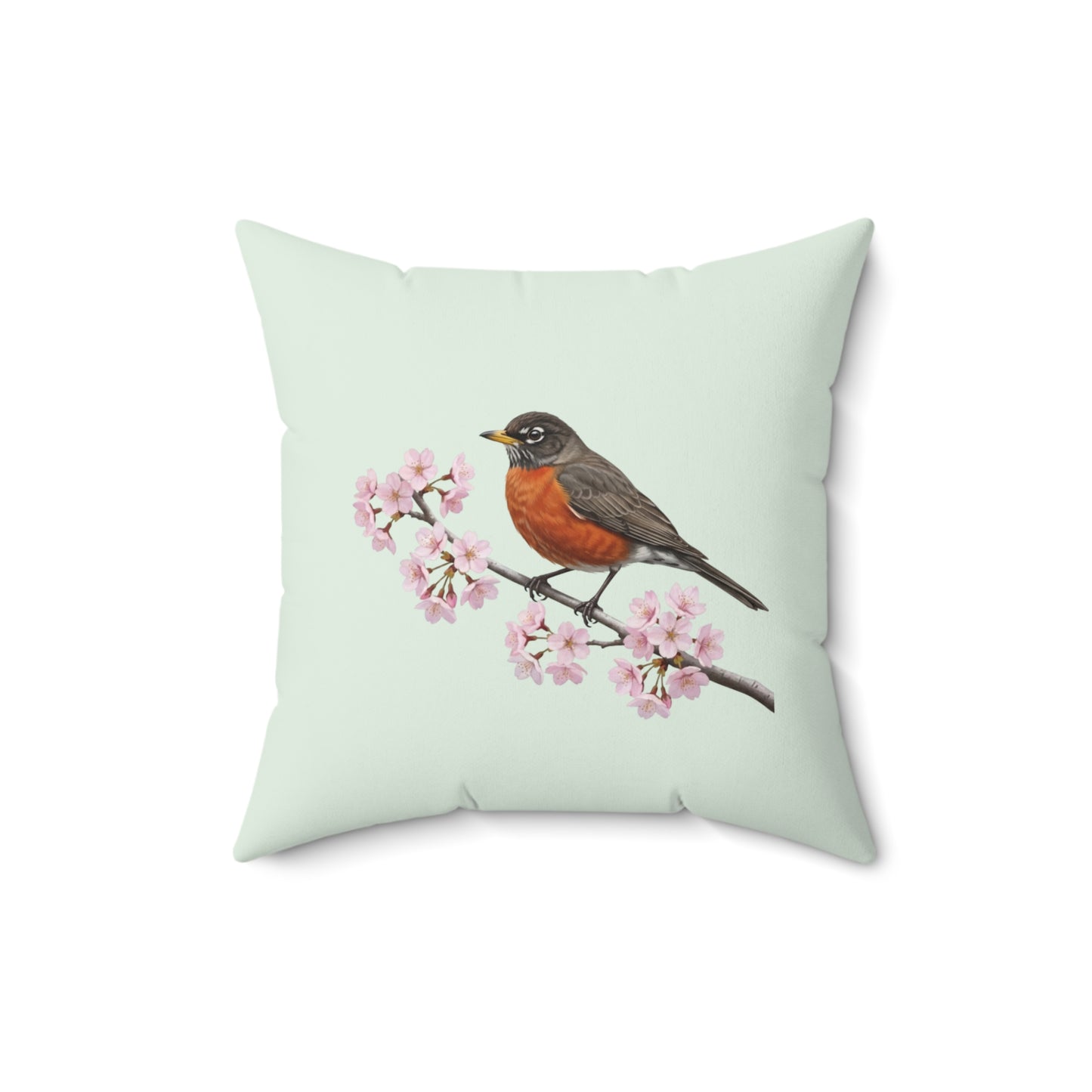 Wanderdrossel Kissen mit Kirschblüten in Salbeigrün | Dekokissen 40x40 mit Vogelmotiv
