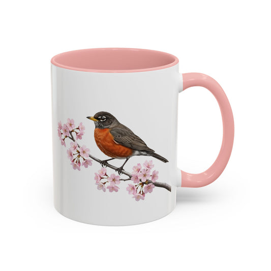 Wanderdrossel Tasse mit Kirschblüten | Rosa Keramiktasse für Vogelfreunde