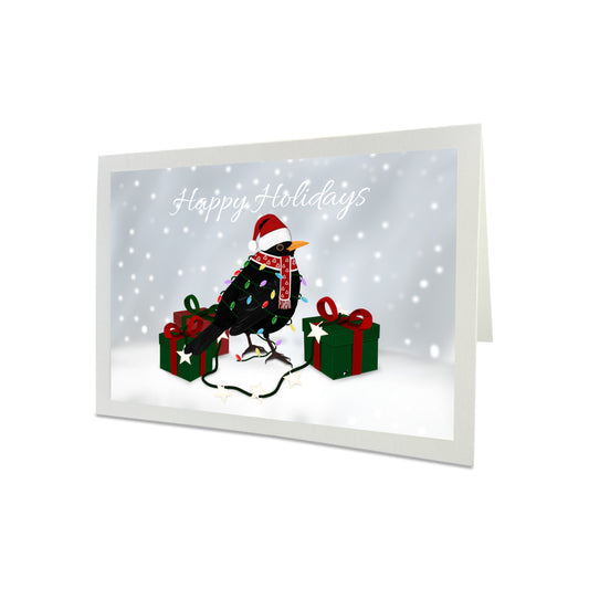 Weihnachtskarte Amsel als Weihnachtsmann mit Lichterkette Happy Holidays Vogel Zeichnung Inklusive Umschlag