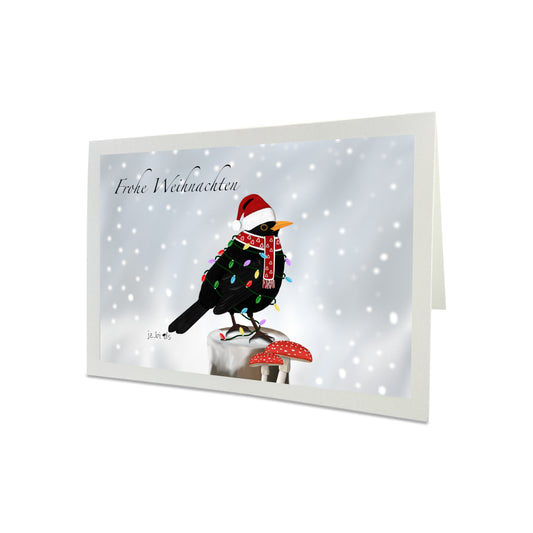 Weihnachtskarte Amsel als Weihnachtsmann mit Lichterkette Vogel Zeichnung Inklusive Umschlag