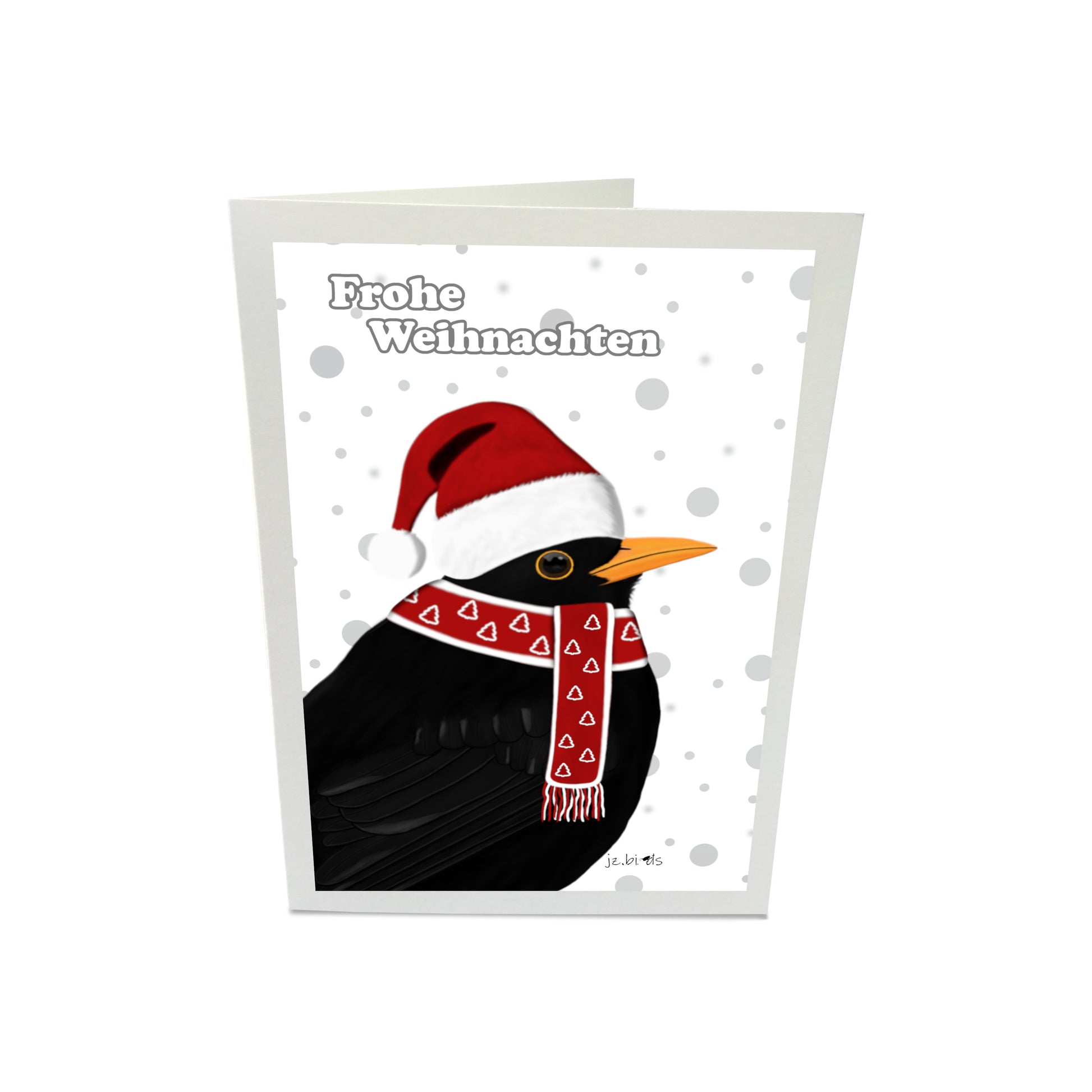 Weihnachtskarte Amsel als Weihnachtsmann mit Mütze und Schal Vogel Zeichnung Inklusive Umschlag