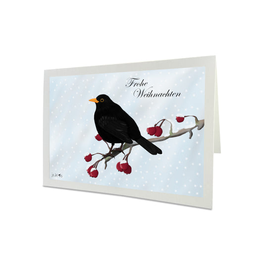 Weihnachtskarte Amsel im Schnee Frohe Weihnachten Vogel Zeichnung Inklusive Umschlag