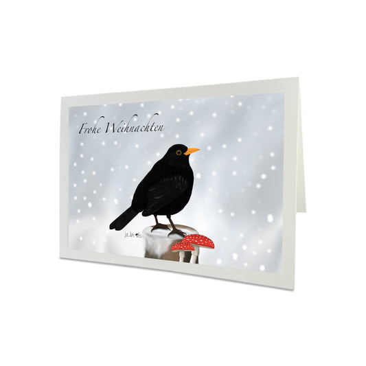 Weihnachtskarte Amsel im Schnee Vogel Zeichnung Frohe Weihnachten Inklusive Umschlag