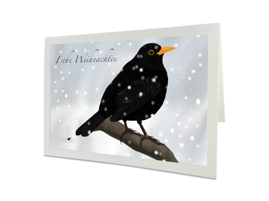 Weihnachtskarte Amsel im Schnee Vogel Zeichnung Frohe Weihnachten mit Umschlag
