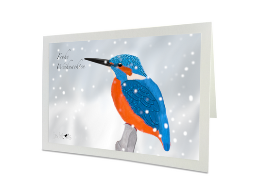 Weihnachtskarte Eisvogel im Schnee Vogel Zeichnung Frohe Weihnachten mit Umschlag