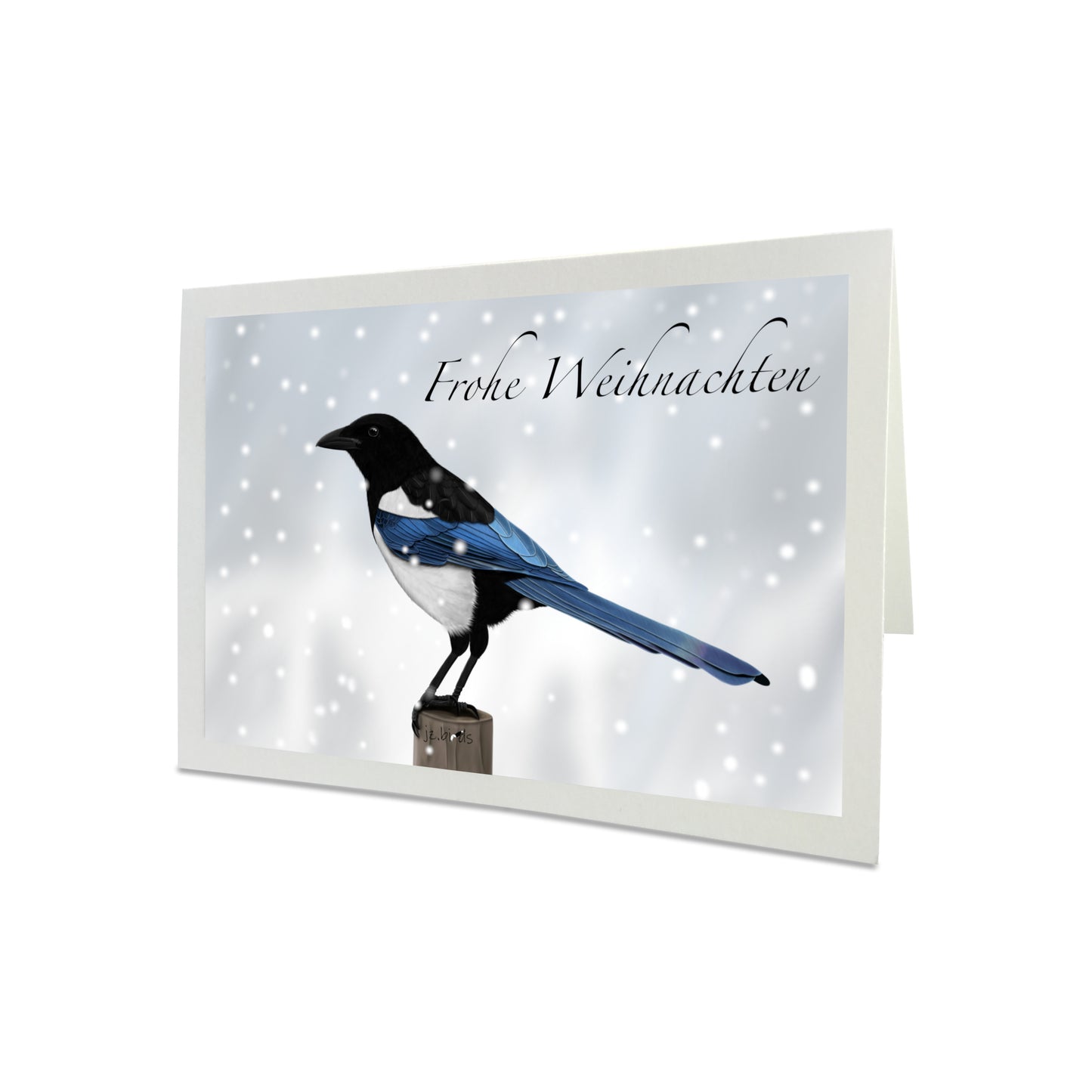 Weihnachtskarte Elster im Schnee Vogel Zeichnung Frohe Weihnachten mit Umschlag
