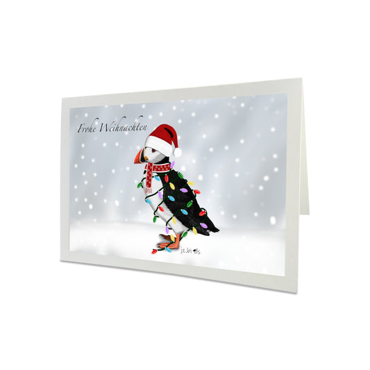 Weihnachtskarte Papageitaucher als Weihnachtsmann mit Lichterkette Vogel Zeichnung Inklusive Umschlag