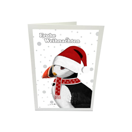 Weihnachtskarte Papageitaucher als Weihnachtsmann mit Mütze und Schal Vogel Zeichnung Inklusive Umschlag
