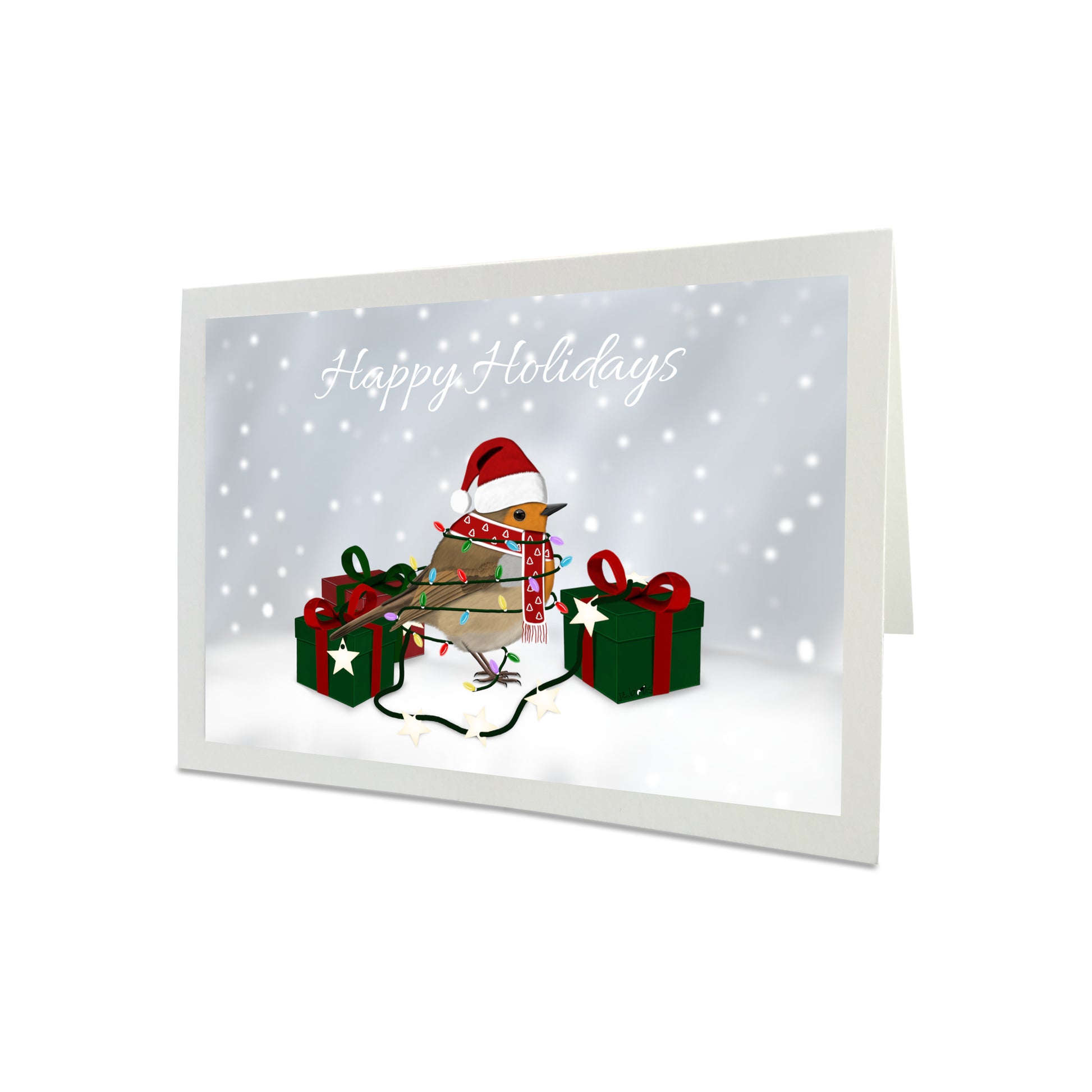 Weihnachtskarte Rotkehlchen als Weihnachtsmann mit Lichterkette Happy Holidays Vogel Zeichnung Inklusive Umschlag