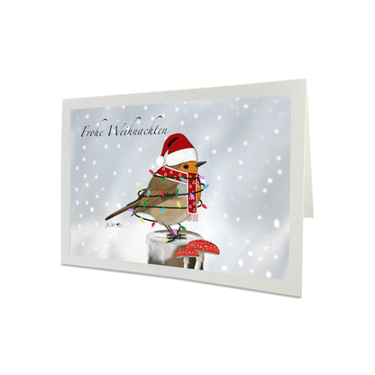 Weihnachtskarte Rotkehlchen als Weihnachtsmann mit Lichterkette Vogel Zeichnung Inklusive Umschlag