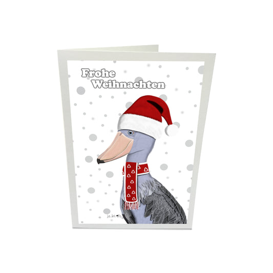 Weihnachtskarte Schuhschnabel als Weihnachtsmann mit Mütze und Schal Vogel Zeichnung Inklusive Umschlag