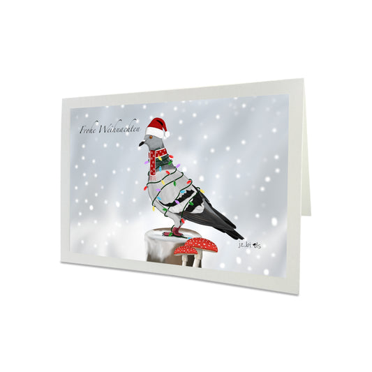 Weihnachtskarte Taube als Weihnachtsmann mit Lichterkette Vogel Zeichnung Inklusive Umschlag