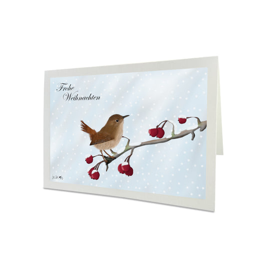 Weihnachtskarte Zaunkönig im Schnee Frohe Weihnachten Vogel Zeichnung Inklusive Umschlag