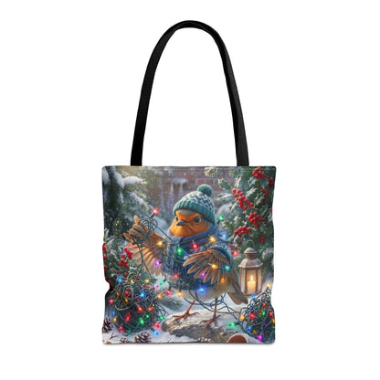 Winterliche Tragetasche mit Vogelmotiv. Das Rotkehlchen Rosi hat sich beim Schmücken im verschneiten Garten lustig in einer leuchtenden Lichterkette verheddert und versucht den Kabelsalat zu entwirren. Ein schönes Geschenk für Vogelfreunde.
