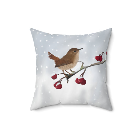 Zaunkönig auf einem Ast im Schnee Kissen mit Vogel