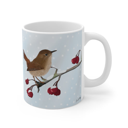 Zaunkönig auf einem Ast im Winter Weihnachten Schnee Vogel Tasse