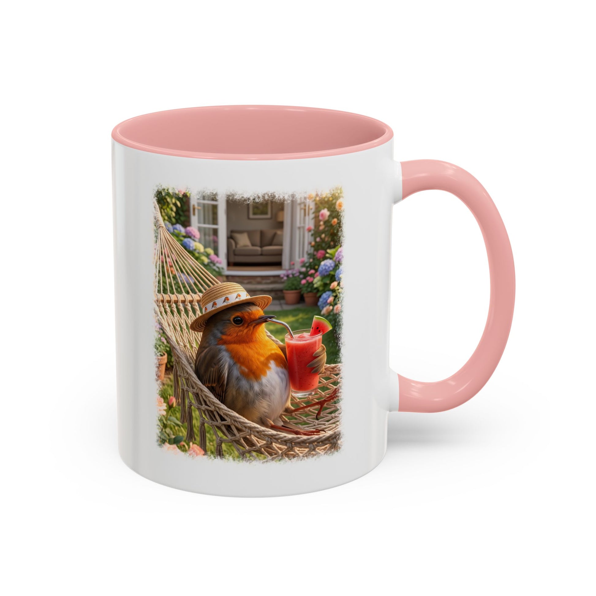 Zweifarbige Keramiktasse mit dem Rosi Rotkehlchen Motiv. Die digitale Illustration zeigt das heimische Rotkehlchen entspannt in einer Hängematte liegend, während es einen Wassermelonen-Smoothie sicher mit den Flügeln festhält.