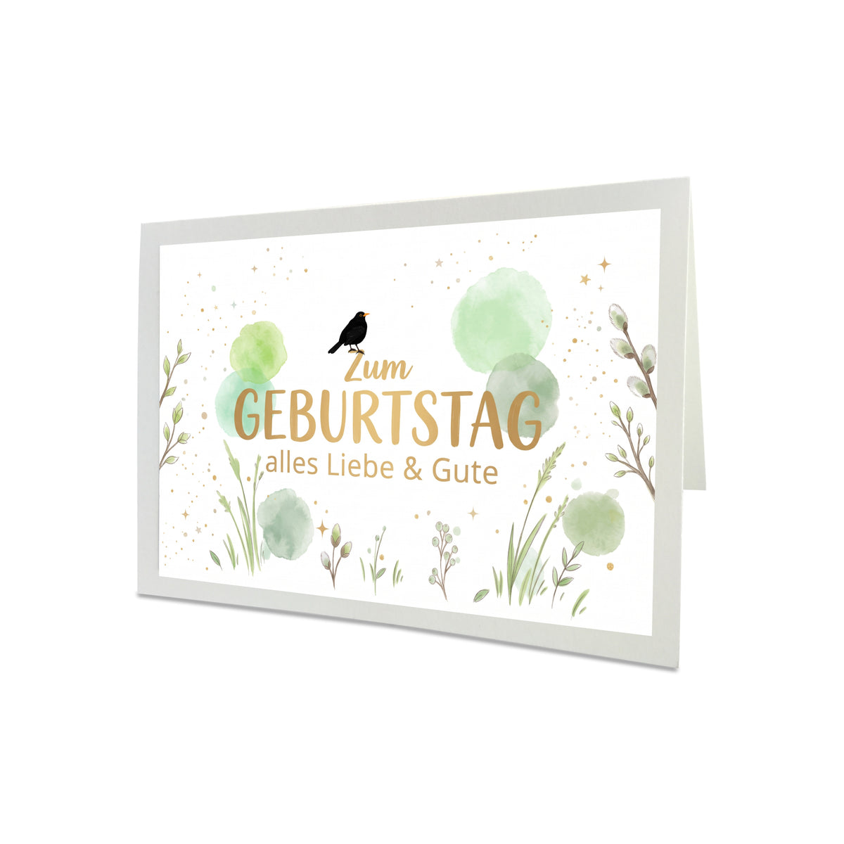 Naturweiße Geburtstagskarte im Querformat mit digital gemalter Amsel, grünen Frühlings-Aquarelltupfern, Weidenkätzchen und hellgrünem Briefumschlag.