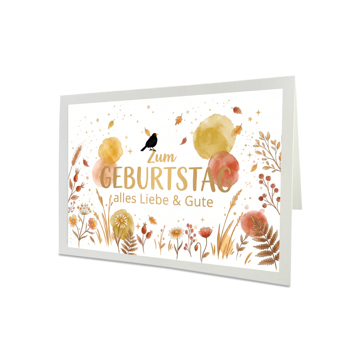 Herbstliche Geburtstagskarte mit Amsel-Motiv, Hagebutten, goldenen Aquarell-Tupfern und passendem goldenen Briefumschlag.