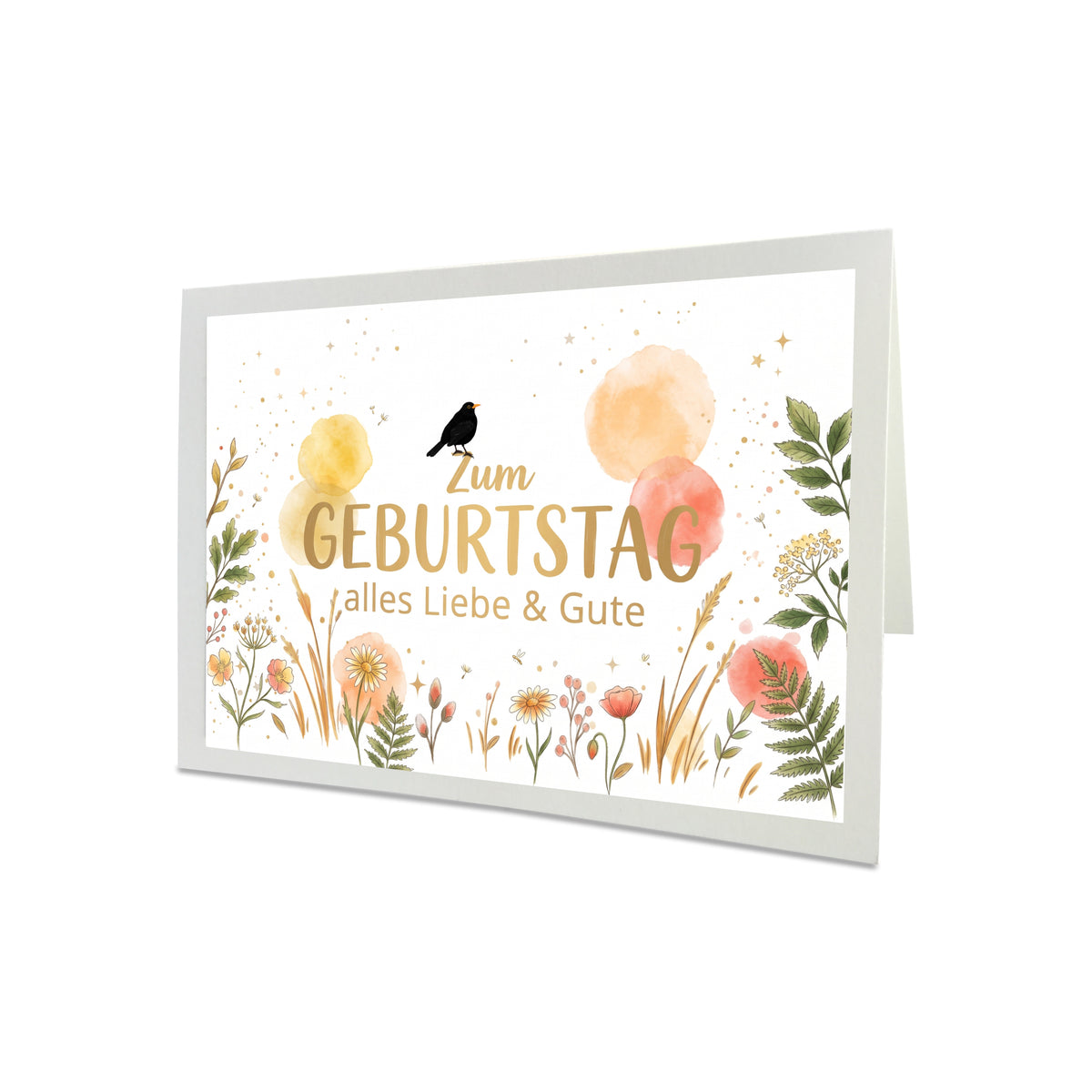 Geburtstagskarte für den Sommer mit handgemalter Amsel, Wiesenblumen, Aquarell-Akzenten in Gelb und Koralle sowie einem sonnengelben Umschlag.