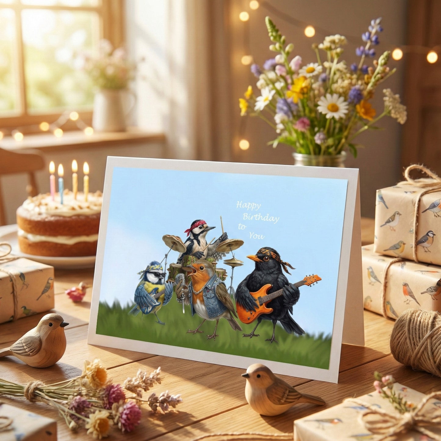 Birthday card with birds playing instruments on a table with presents and flowers.