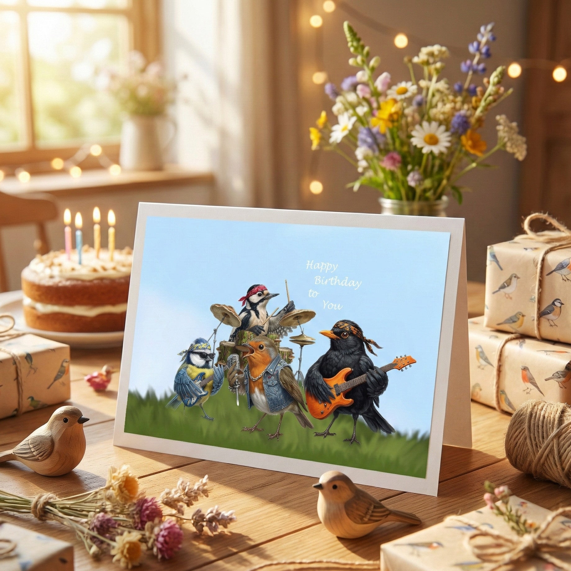Birthday card with birds playing instruments on a table with presents and flowers.