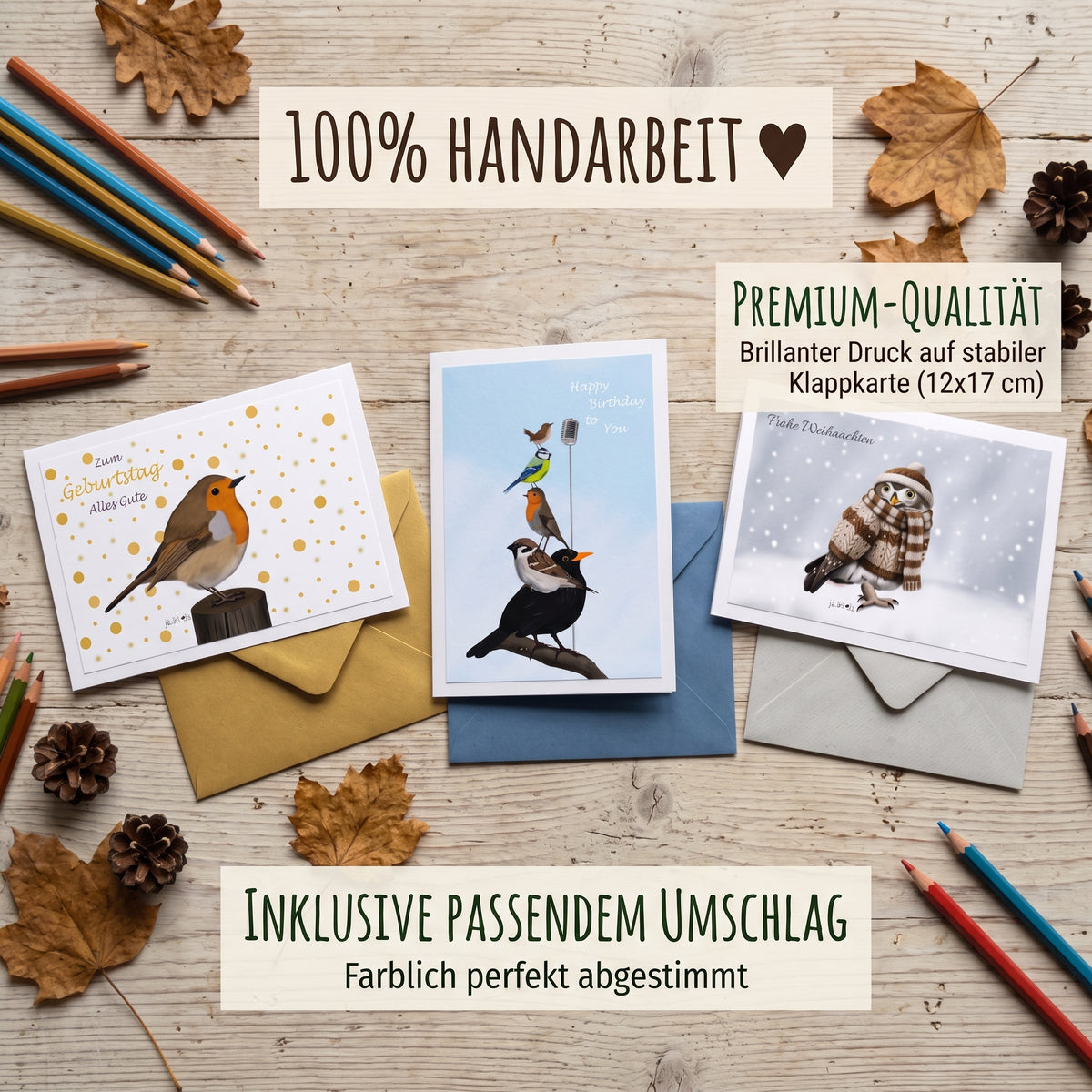 Weihnachtskarte & Neujahrskarte „Winterliches Rotkehlchen“ – Frohe Weihnachten & ein gutes neues Jahr (inkl. dunkelrotem Umschlag)