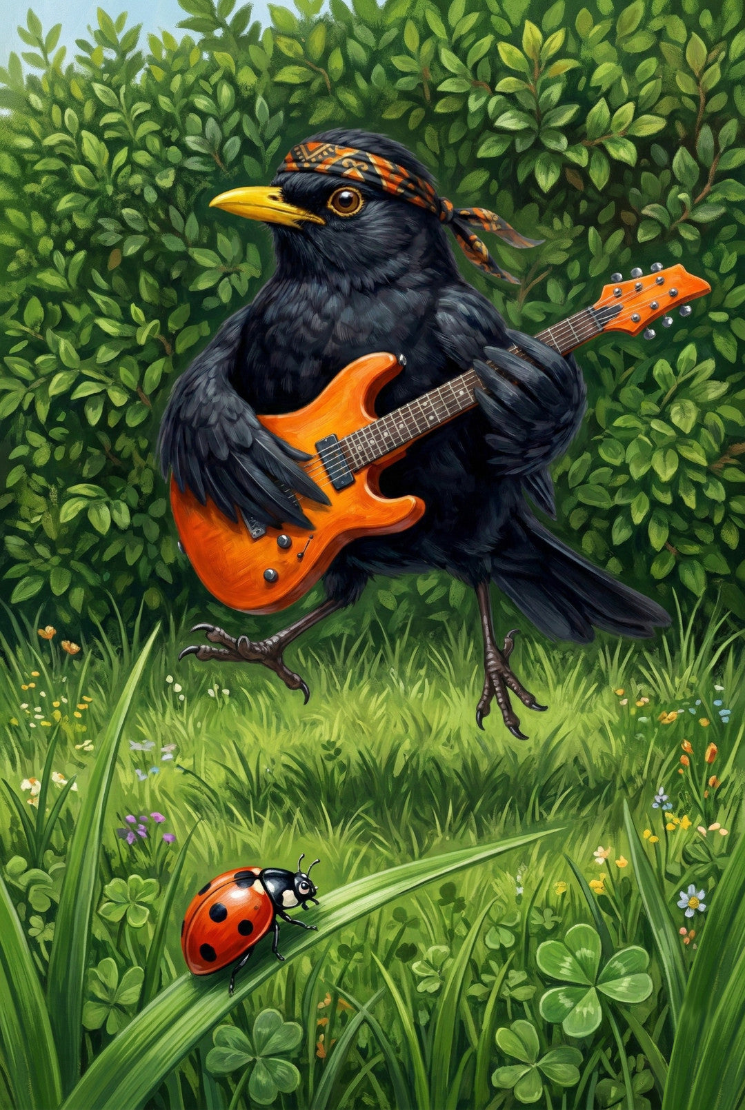 Blacky, die Amsel ist Gruender der Rockband Die Gartenvoegel und spielt auf seiner orangenen E-Gitarre, nach einem Sprung aus der grünen Hecke im Garten