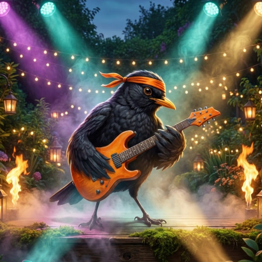 Blacky, die Amsel ist E-Gitarrist der Rockband Die Gartenvoegel. Blacky steht auf der Bühne im Garten und spielt auf seiner Gitarre im Scheinwerferlicht.