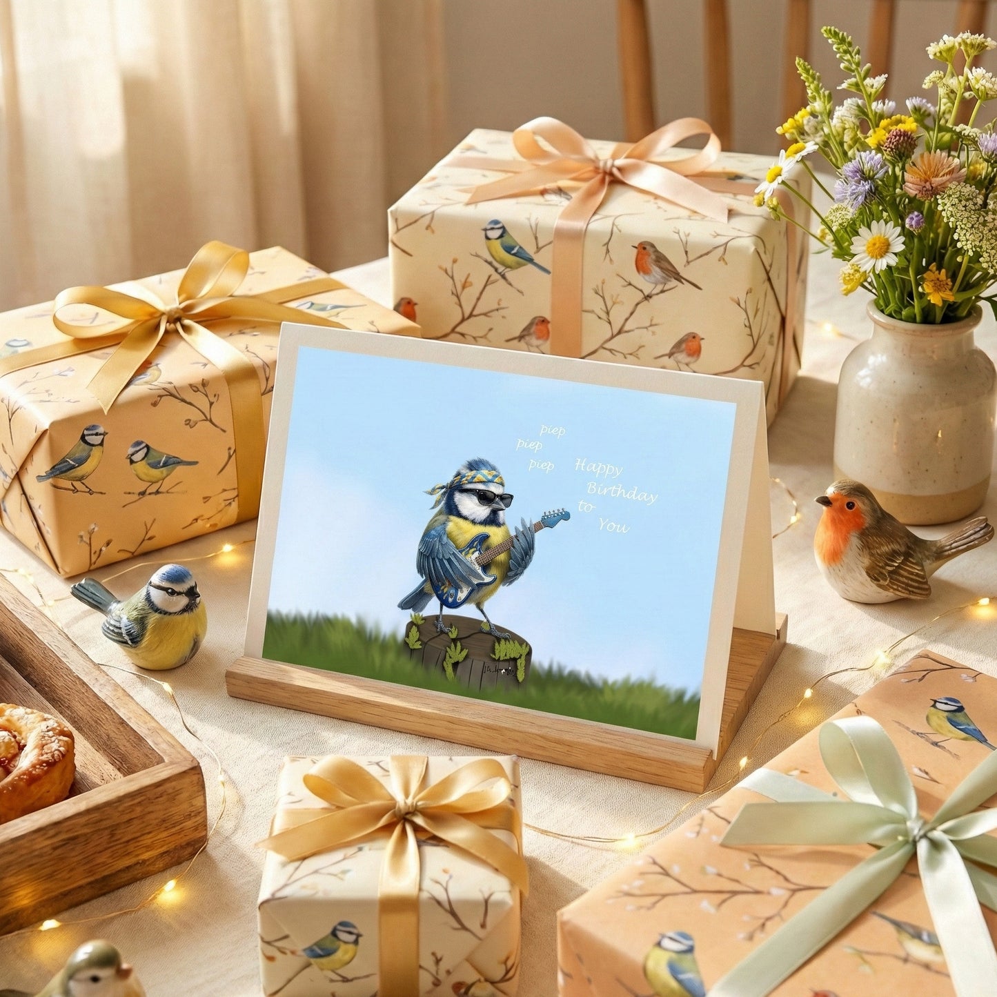 Gifts wrapped in paper with bird designs, a birthday card of a bird, and a vase with flowers on a table.