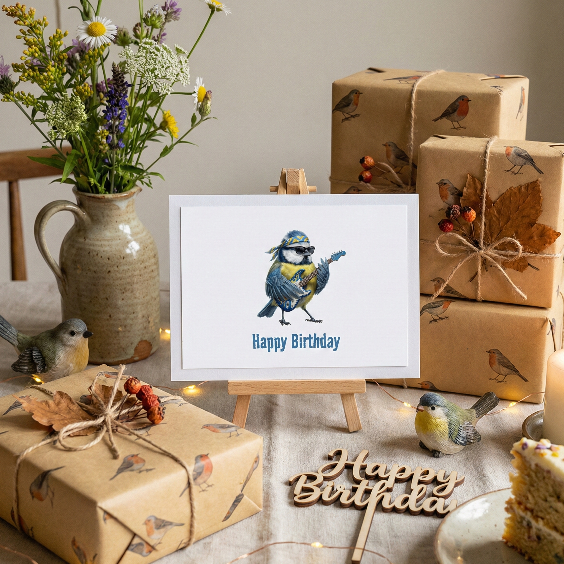 Grußkarte mit einer Blaumeise, die Gitarre spielt, und dem Text „Happy Birthday“ auf einem Geburtstagstisch