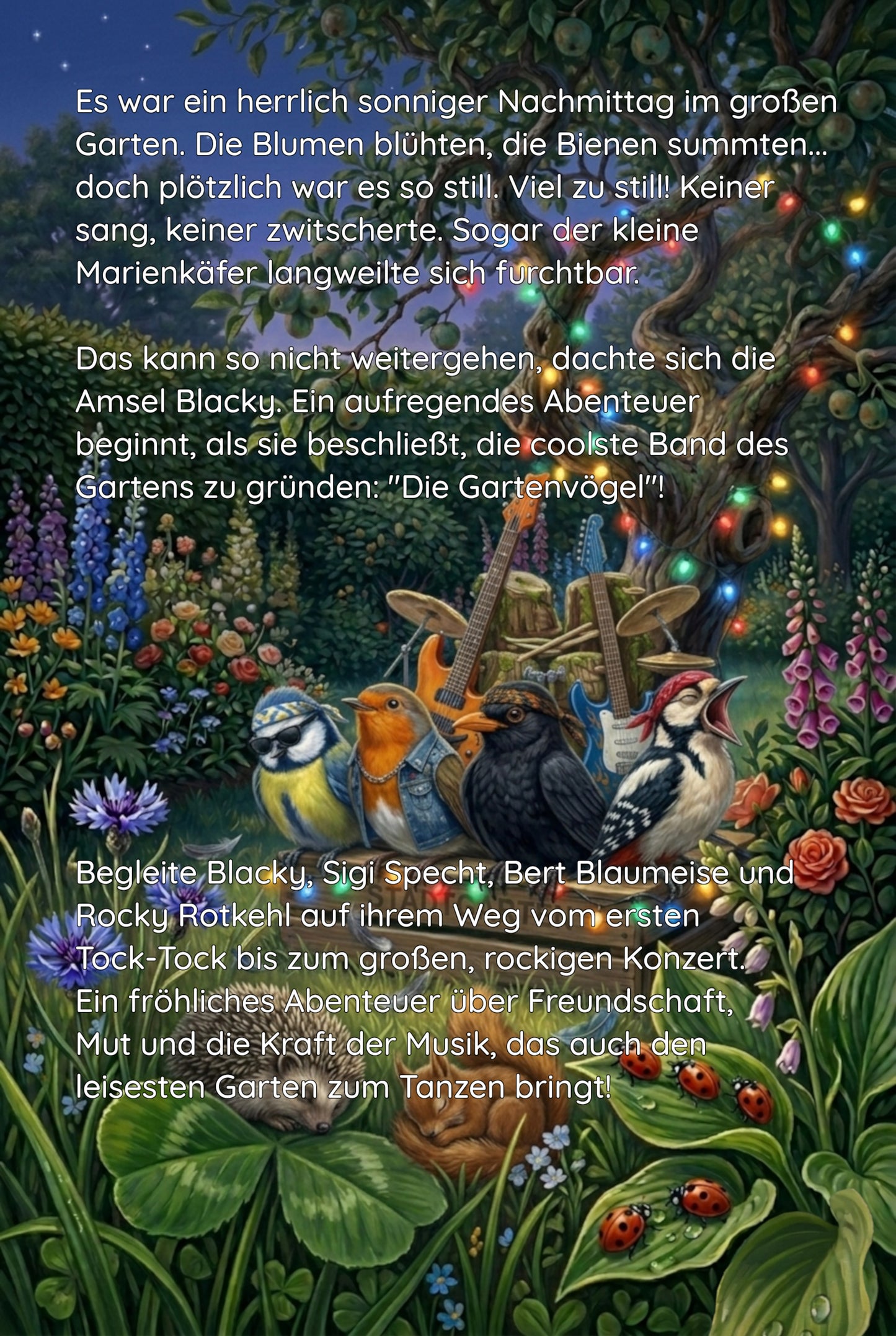 Buchrückseite des Kinderbuches Die Gartenvögel. Es ist eine friedliche, dunkle Sternennacht. Die vier kleinen Vögel sitzen nach ihrem großen Konzert müde zusammen auf der Bühne, gähnen herzhaft und schlafen langsam ein.