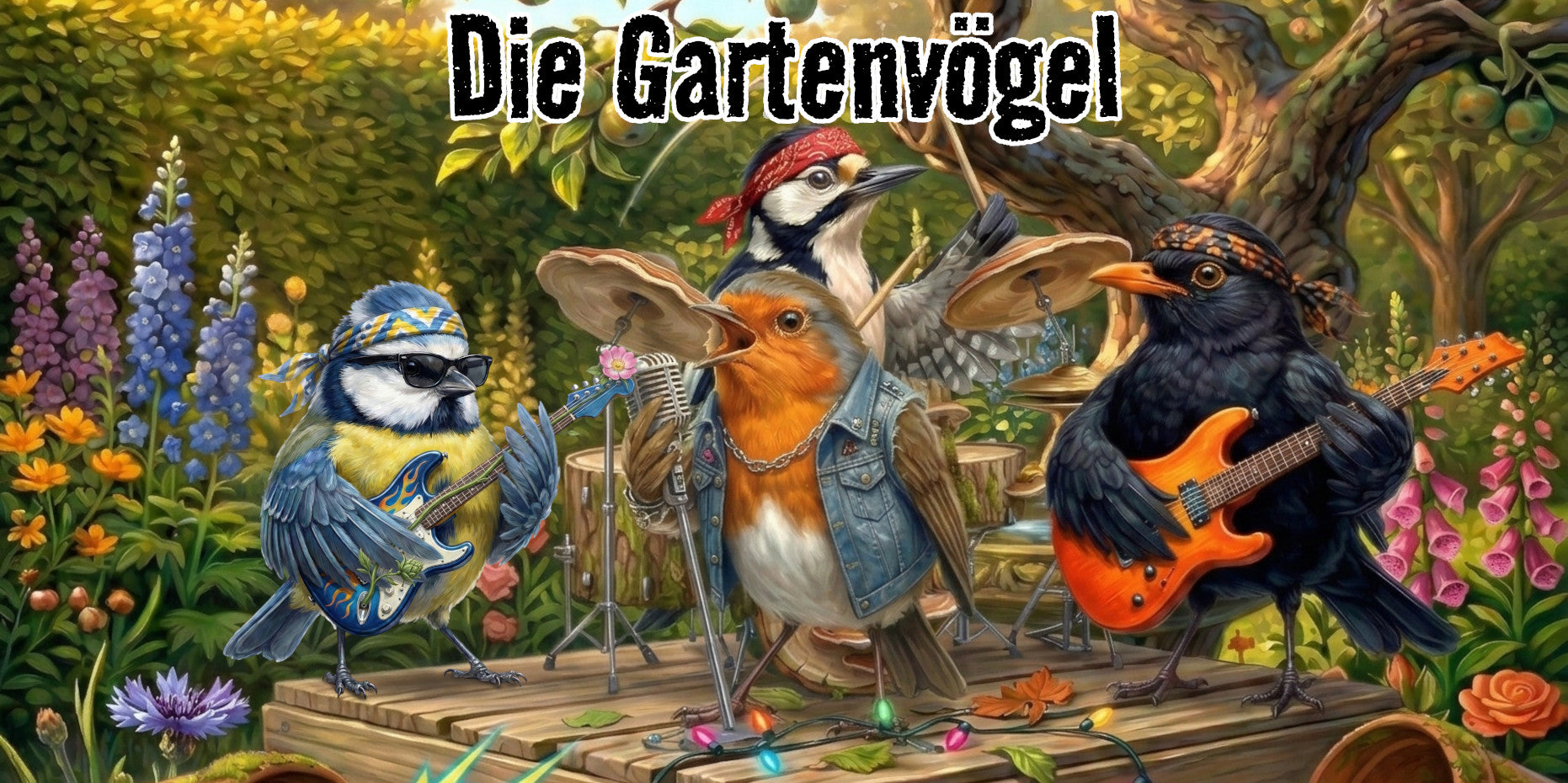 Die Gartenvögel, die lauteste rockband im garten. Blacky die Amsel und Bert Blaumeise an der Gitarre. Sigi Specht an den Drums und Rocky Rotkehlchen am Mikrofon spielen ein Konzert im Garten.