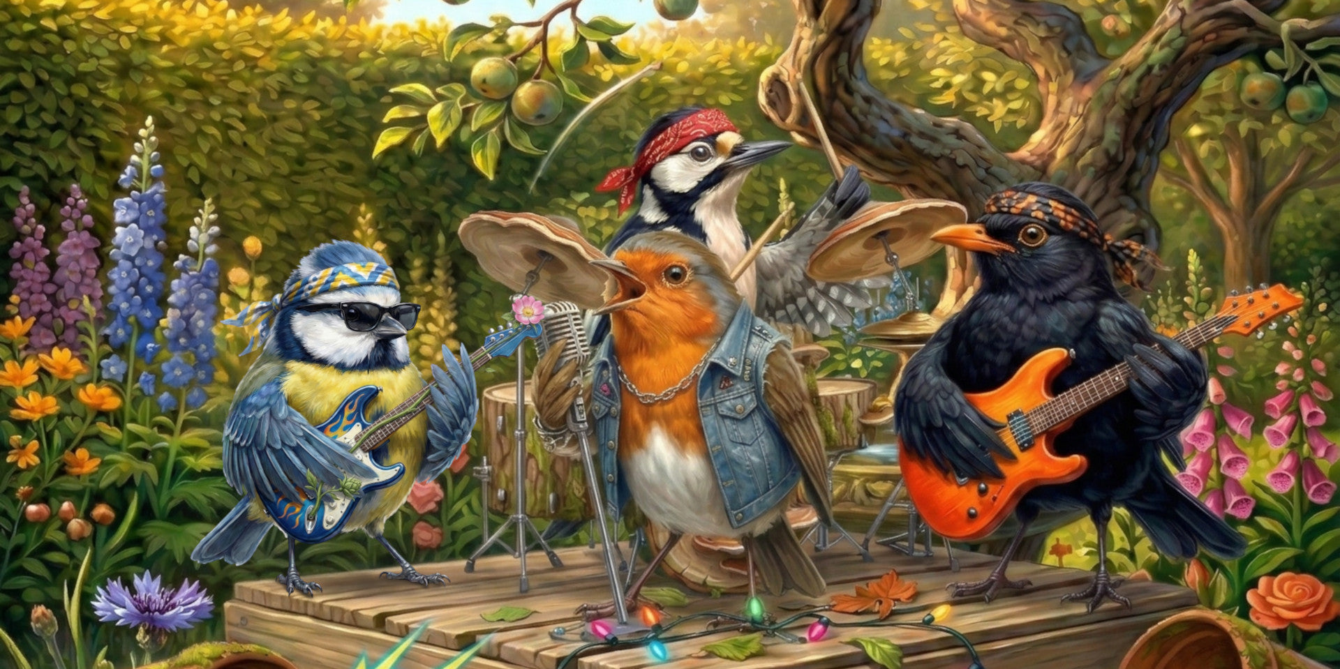 Die Gartenvögel, die lauteste rockband im garten. Blacky die Amsel und Bert Blaumeise an der Gitarre. Sigi Specht an den Drums und Rocky Rotkehlchen am Mikrofon spielen ein Konzert im Garten.