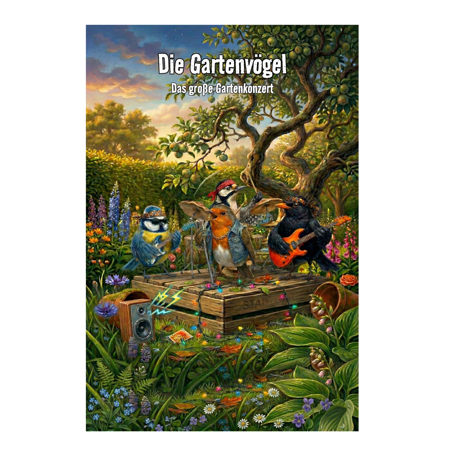 Buchcover des Kinderbuches Die Gartenvögel - Das große Gartenkonzert. Eine fröhliche Vogel-Band, bestehend aus Blacky der Amsel, Bert Blaumeise, Rocky Rotkehlchen und Sigi Specht, macht gemeinsam begeistert Musik auf einer alten Obstkisten-Bühne im Grünen.