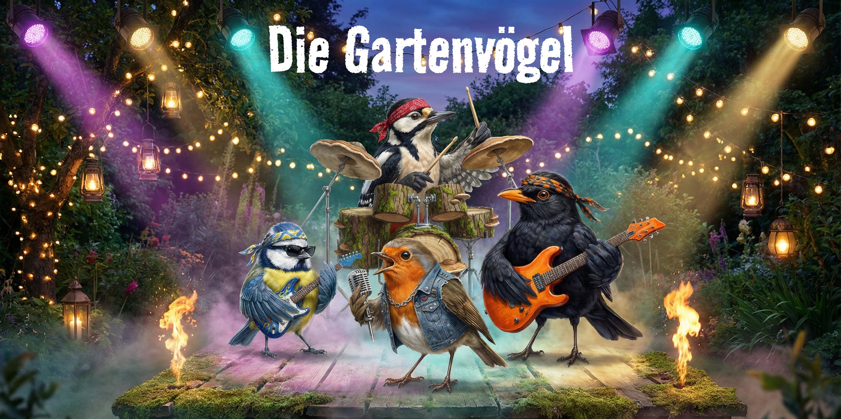 Die Gartenvögel, die lauteste rockband im garten. Blacky die amsel und Bert Blaumeise an der Gitarre. Sigi Specht an den Drums und Rocky Rotkehlchen am Mikrofon spielen ein Musikkonzert im Garten.